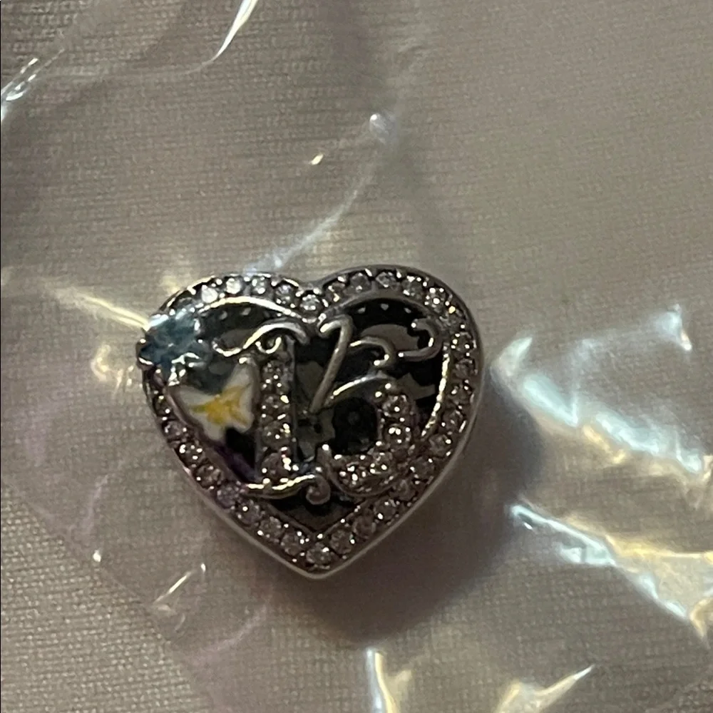 Heart-Shaped Sterling Silver 925 Charm with Number “15” and Blue Yellow Accents - Picture 3 of 4